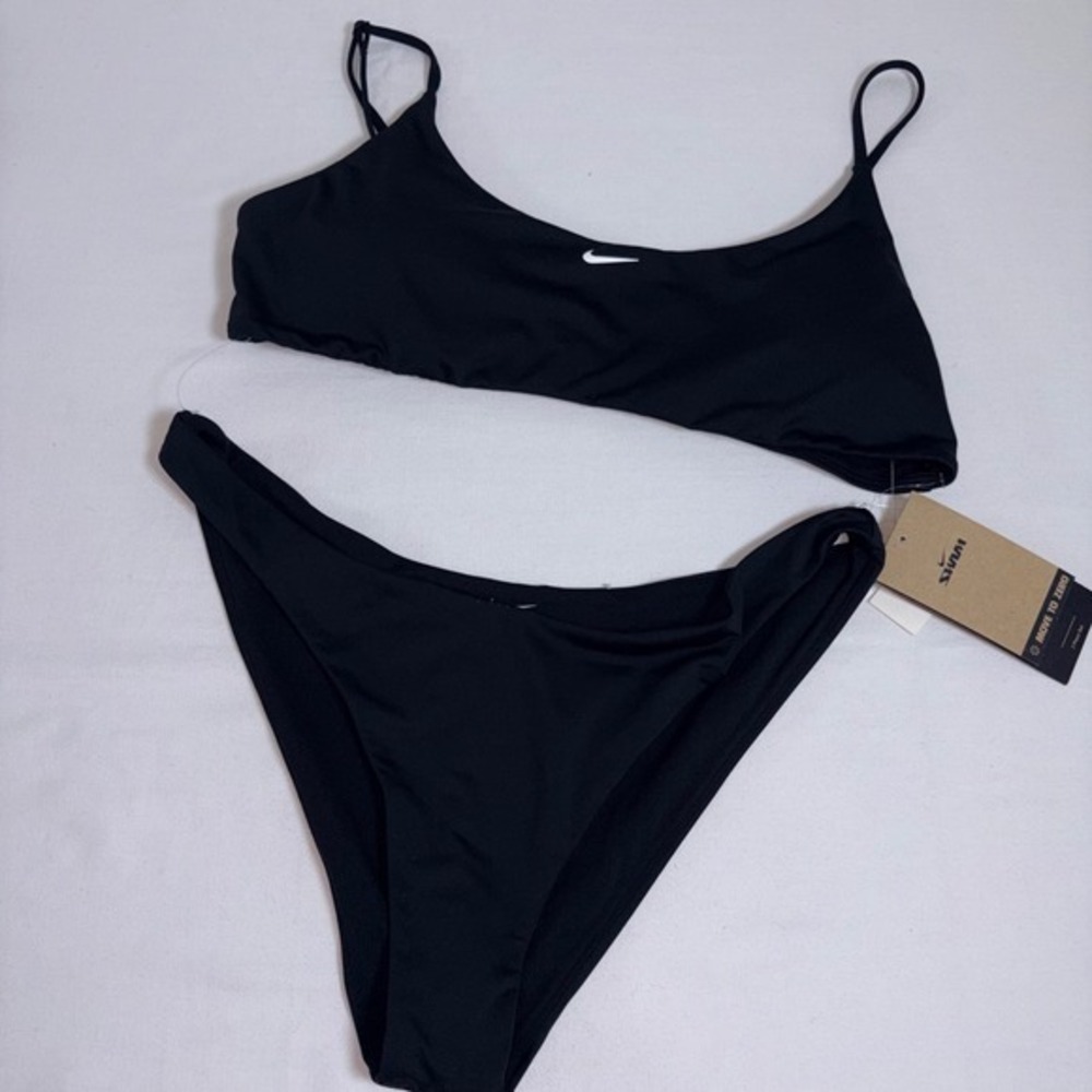 Nike Bikini Set XL Black New Scoop Neck High Leg Sporty NESSF243-001